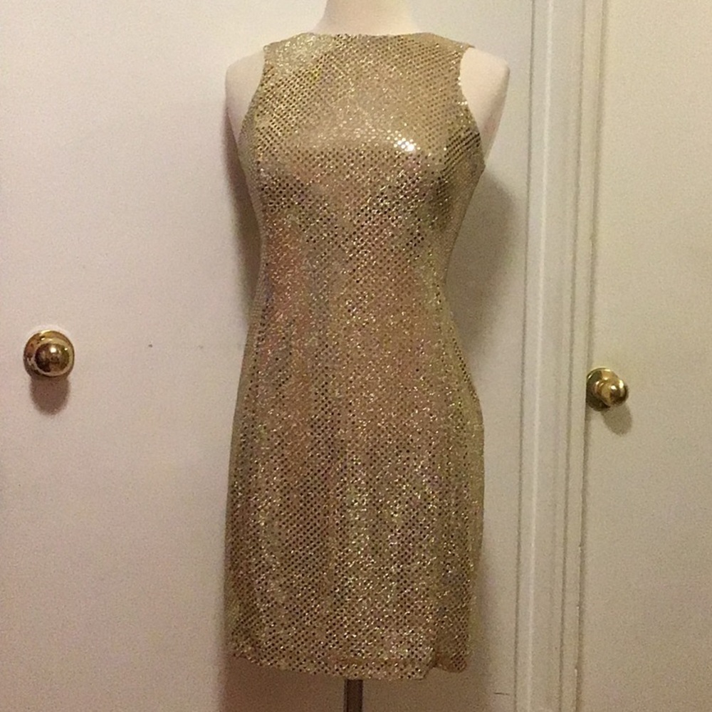 Gold sequined Rhapsody mini dress.